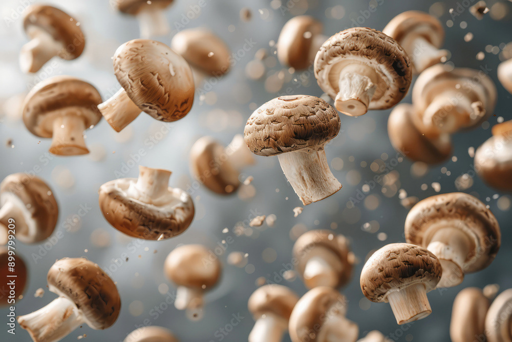 A closeup of a flying fresh, raw champignon mushrooms, showcasing their earthy texture and natural brown color, with a studio backdrop A closeup of a flying fresh, raw champignon mushrooms, showcasing their earthy texture and natural brown color, with a studio backdrop