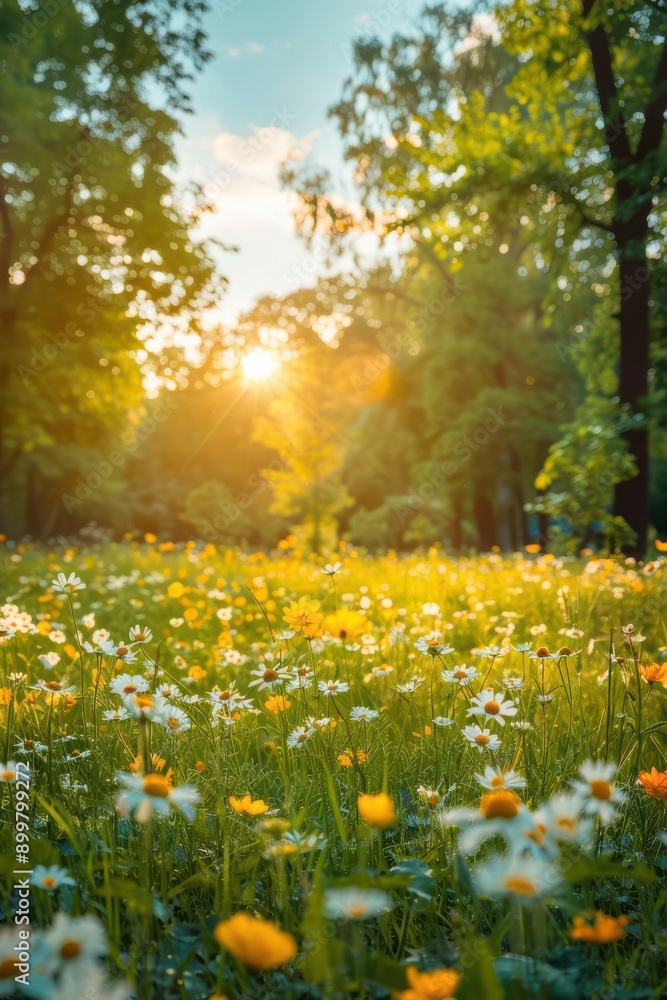 A field of wildflowers bathed in warm sunlight, with trees lining the edge and a clear blue sky above. A field of wildflowers bathed in warm sunlight, with trees lining the edge and a clear blue sky above.