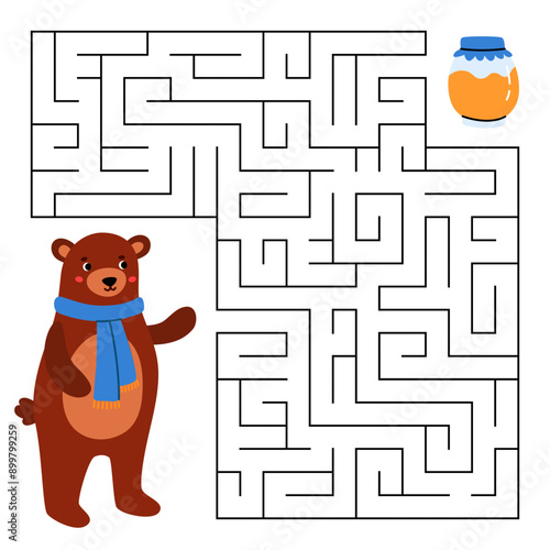 Animal maze game for kids. Cute brown bear looking for a way to the honey. Printable worksheet with solution for school and preschool. Vector cartoon illustration.