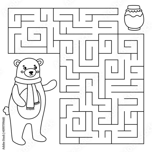 Animal line maze game for kids. Cute brown bear looking for a way to the honey. Printable worksheet with solution for school and preschool. Vector cartoon illustration.