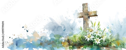 A cross is on a grassy field with flowers