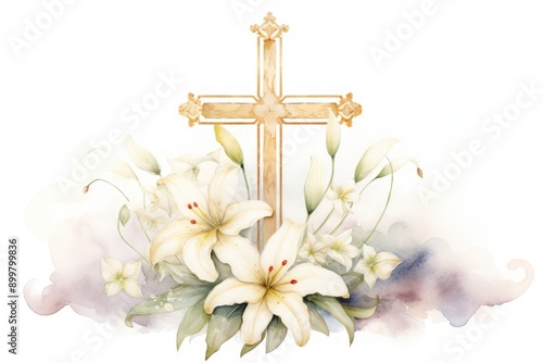 A cross is surrounded by white flowers