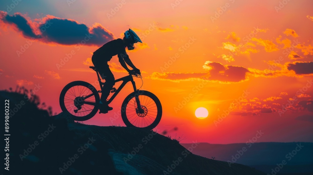A man is riding a bike on a hill with a beautiful sunset in the background A man is riding a bike on a hill with a beautiful sunset in the background