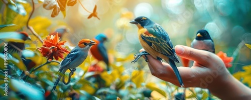 A colorful bird perched on a hand, surrounded by vibrant flowers and greenery.