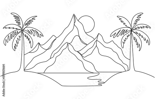 Tropics oasis island line drawing. Abstract tropical landscape continuous art line with mountains, sea, coconut palm tree, cloudscape. Vector nature wallpaper for minimal poster, template, Pro vector.
