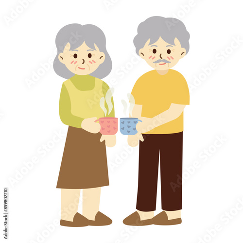 illustration of an elderly couple holding a cup of tea