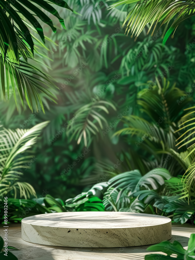 Podium stand for product display. Tropical forest sunlit background with exotic trees and green leaves for product presentation and branding. Podium stand for product display. Tropical forest sunlit background with exotic trees and green leaves for product presentation and branding.