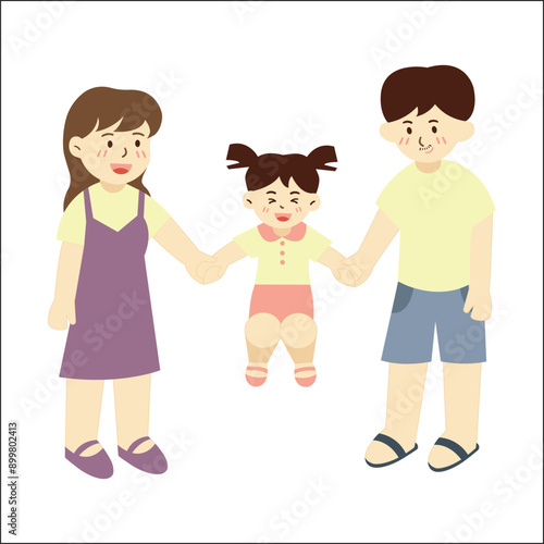 illustration of a girl swinging in her parents' arms