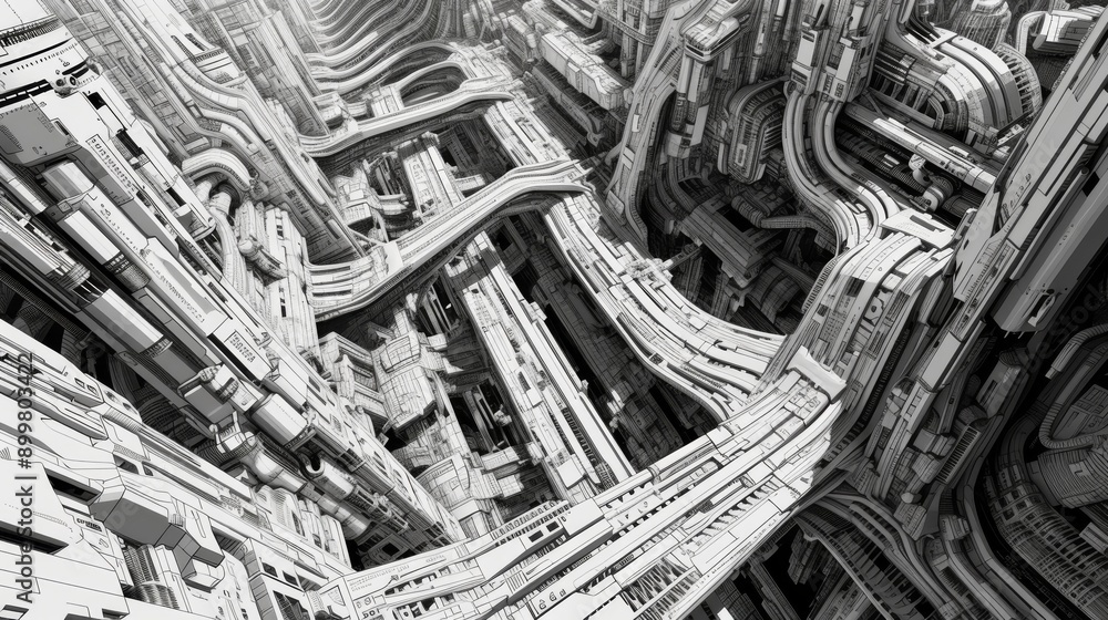 Fototapeta premium An intricate black and white digital illustration depicting a complex maze-like structure. The detailed design and monochrome palette create a visually striking image, ideal for abstract art