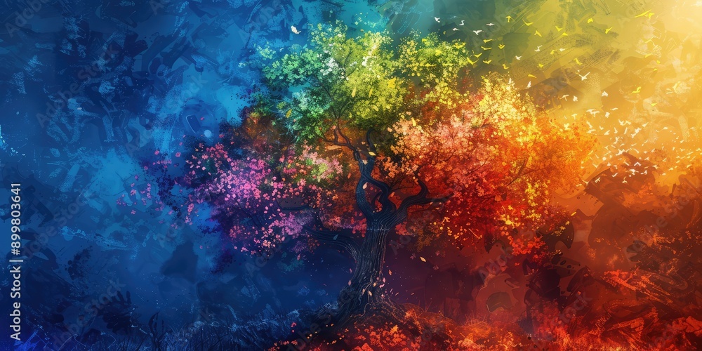 Fototapeta premium Colorful rainbow tree. Ai generation.