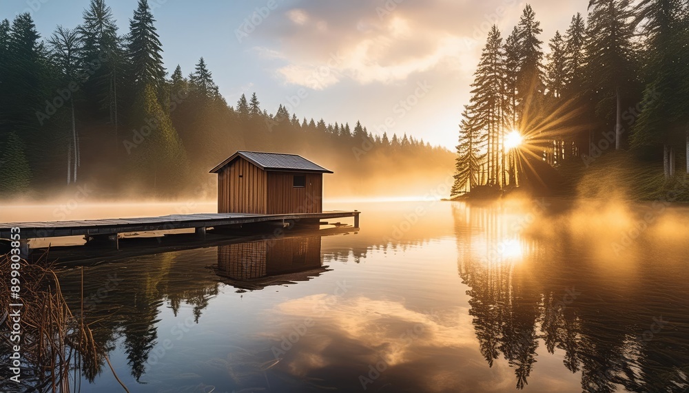 Fototapeta premium A wooden cabin sits on a dock in a still lake surrounded by trees at sunrise