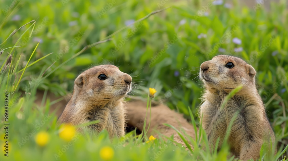 prairie dogs popping out of their burrows surrounded by the vibrant green grass and wildflowers of the grassland prairie dogs popping out of their burrows surrounded by the vibrant green grass and wildflowers of the grassland