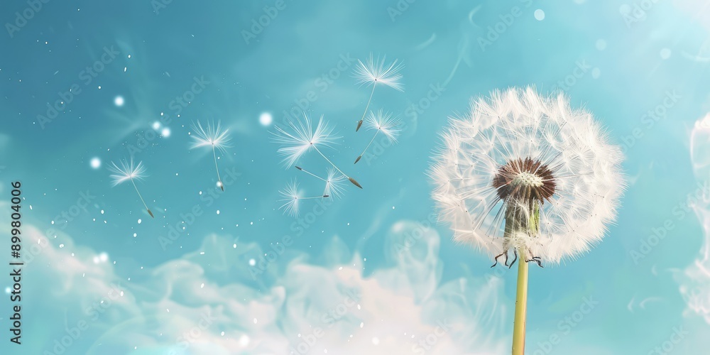 Dandelion with flying seeds, space. Ai generation. Dandelion with flying seeds, space. Ai generation.
