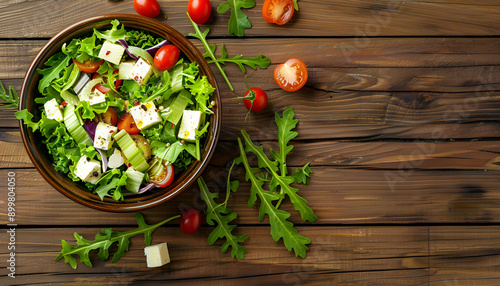 Bowl of tasty salad with leek and cheese on wooden table, top view. Space for text