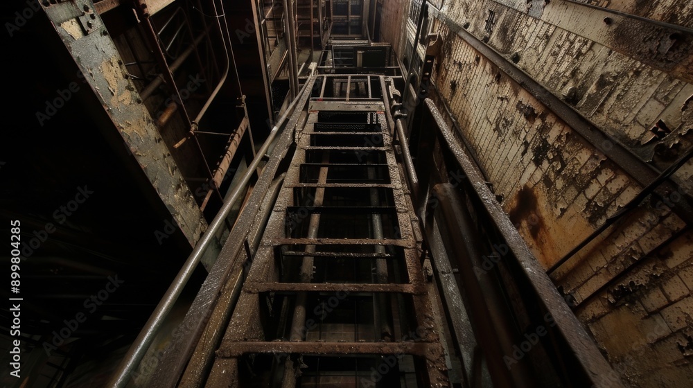An aged, rusty metal ladder ascends between the walls of an old industrial building, evoking a sense of abandonment and decay. The texture and color palette highlight the structure's history and An aged, rusty metal ladder ascends between the walls of an old industrial building, evoking a sense of abandonment and decay. The texture and color palette highlight the structure's history and