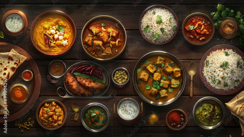 Assorted indian food on dark wooden background. Dishes of indian cuisine. Curry, butter chicken, rice, lentils, paneer, samosa, naan, chutney, spices, Bowls and plates with indian food, copy space Assorted indian food on dark wooden background. Dishes of indian cuisine. Curry, butter chicken, rice, lentils, paneer, samosa, naan, chutney, spices, Bowls and plates with indian food, copy space