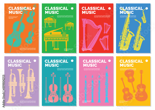 Music festival poster template with various instruments or classical music concert. Vector flyer for music event