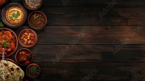 Wallpaper Mural Assorted indian food on dark wooden background. Dishes of indian cuisine. Curry, butter chicken, rice, lentils, paneer, samosa, naan, chutney, spices, Bowls and plates with indian food, copy space Torontodigital.ca