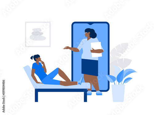 Female psychologist on smartphone screen conducts online psychotherapy session with woman on couch