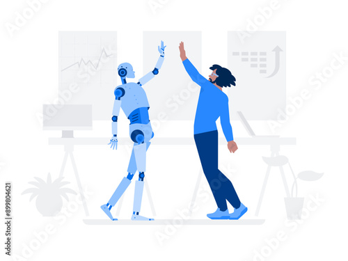 Android robot and man raise their hands high five