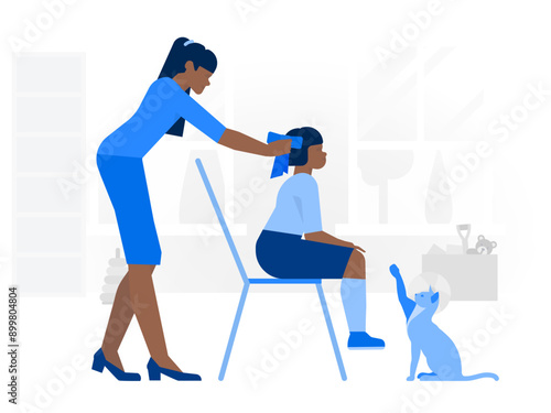  Woman doing hair of girl