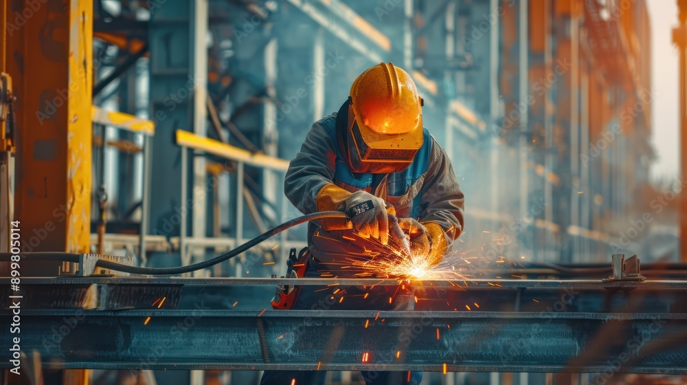 A man in a yellow helmet is working on a piece of metal A man in a yellow helmet is working on a piece of metal