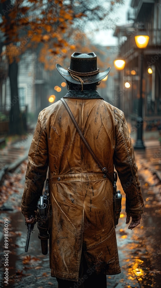 Western movie shot, front view of a cowboy ready to do a duel in middle of a wild west town Western movie shot, front view of a cowboy ready to do a duel in middle of a wild west town