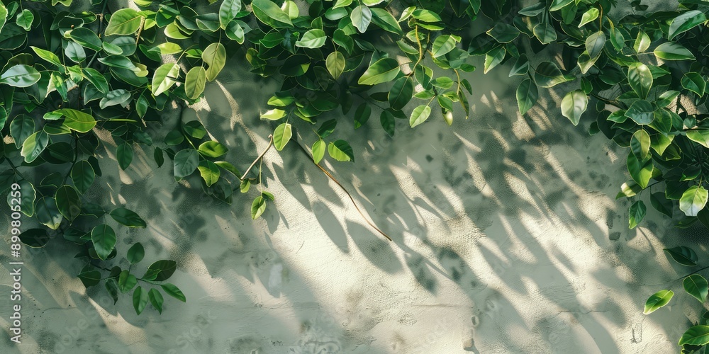 Naklejka premium Spring sun on a green branch of a tree with a shadow on the wall, copy space. AI generation.