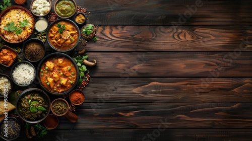 Wallpaper Mural Assorted indian food on dark wooden background. Dishes of indian cuisine. Curry, butter chicken, rice, lentils, paneer, samosa, naan, chutney, spices, Bowls and plates with indian food, copy space Torontodigital.ca
