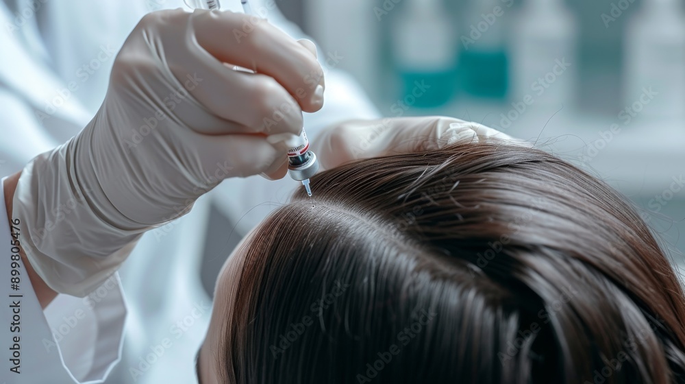 Fototapeta premium A medical professional is seen performing an injection into a patient's scalp, with a focus on the hands and the injection site. The image emphasizes the care and precision involved in medical