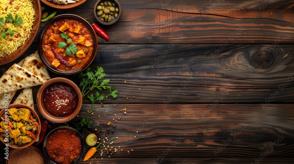 Assorted indian food on dark wooden background. Dishes of indian cuisine. Curry, butter chicken, rice, lentils, paneer, samosa, naan, chutney, spices, Bowls and plates with indian food, copy space Assorted indian food on dark wooden background. Dishes of indian cuisine. Curry, butter chicken, rice, lentils, paneer, samosa, naan, chutney, spices, Bowls and plates with indian food, copy space