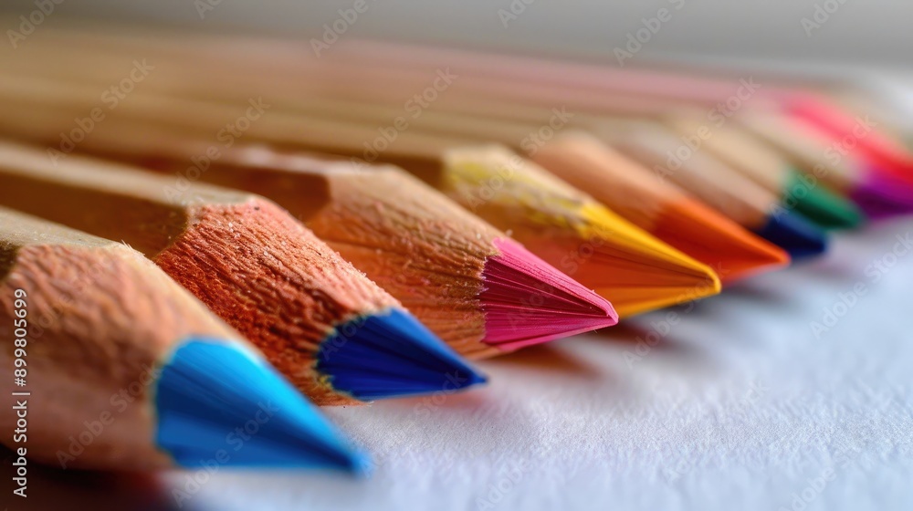 Close up view of colored pencils on white paper Close up view of colored pencils on white paper