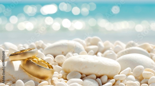 Two golden wedding rings rest on a pebbly beach, with gentle ocean waves lapping in the background under a bright blue sky photo