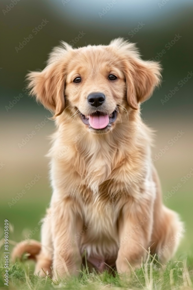 Golden Retriever Puppy Portrait: A charming golden retriever puppy sits attentively, tongue lolling, against a blurred backdrop of green grass, radiating pure canine joy and innocence. Golden Retriever Puppy Portrait: A charming golden retriever puppy sits attentively, tongue lolling, against a blurred backdrop of green grass, radiating pure canine joy and innocence.