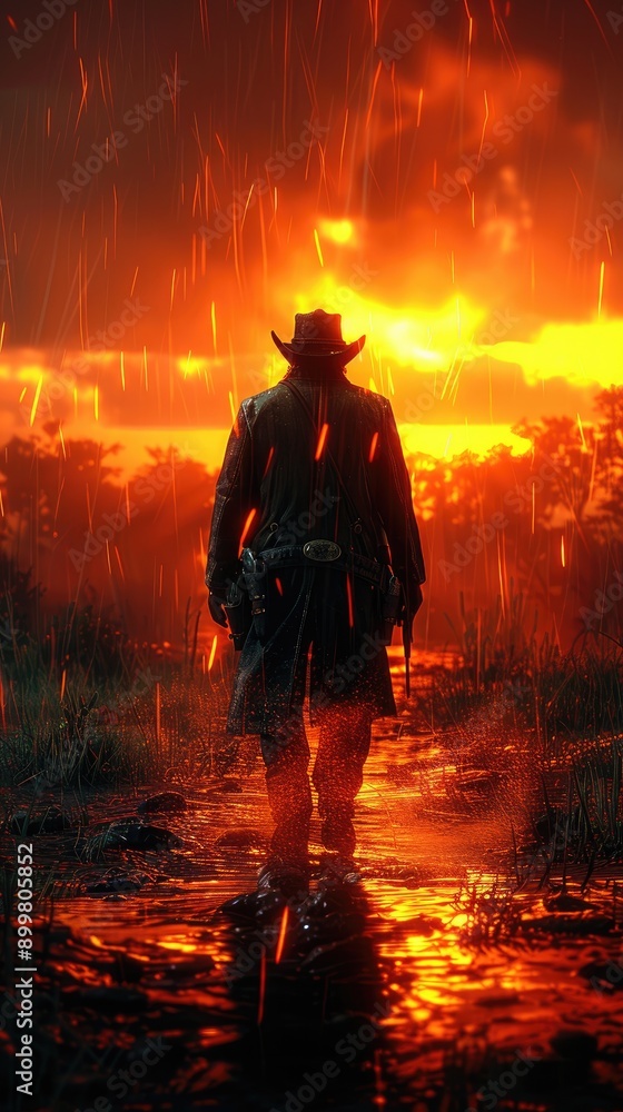 Western movie shot, front view of a cowboy ready to do a duel in middle of a wild west town Western movie shot, front view of a cowboy ready to do a duel in middle of a wild west town