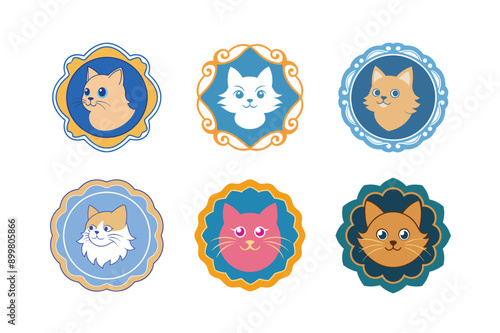 Logo sets of Persian cats, labeled vector kawaii illustration.