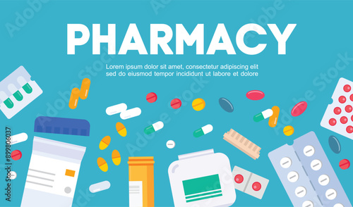 Pharmacy medical concept. various types of health medicines and vitamins, pills, capsules. Health illustration in flat style.