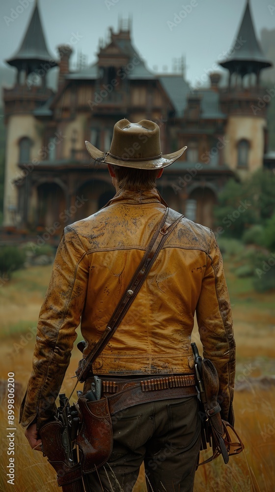 Western movie shot, front view of a cowboy ready to do a duel in middle of a wild west town Western movie shot, front view of a cowboy ready to do a duel in middle of a wild west town