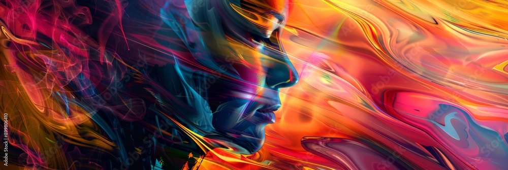 Colorful abstract face with flowing digital patterns, illustrating the merging of human and AI elements. Great for technology and creativity topics. Colorful abstract face with flowing digital patterns, illustrating the merging of human and AI elements. Great for technology and creativity topics.