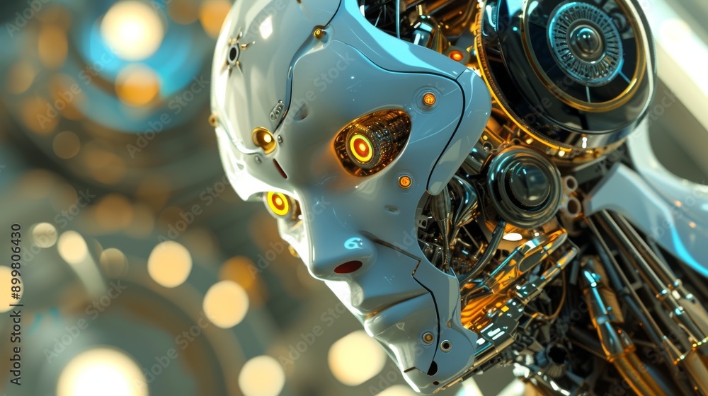 A striking close-up of a humanoid robot's face, revealing its complex mechanical details and glowing eyes. This image captures the essence of futuristic technology and artificial intelligence in A striking close-up of a humanoid robot's face, revealing its complex mechanical details and glowing eyes. This image captures the essence of futuristic technology and artificial intelligence in