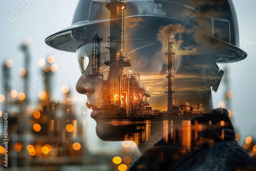 Double exposure of a worker in safety helmet and oil refinery in the background