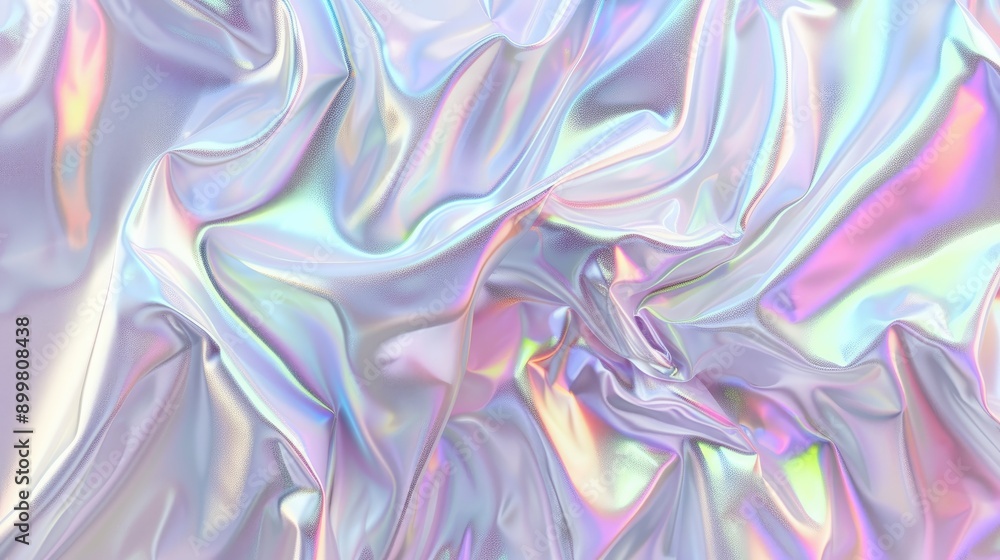 Obraz premium White abstract holographic background with iridescent foil texture. Soft pearlescent gradients blend seamlessly, creating a dreamy, futuristic look.