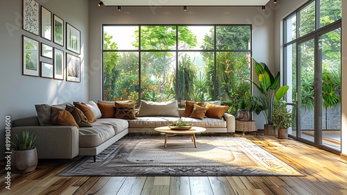 Chic living room with a contemporary sofa and stylish furnishings, enhanced by natural light, high resolution, photo