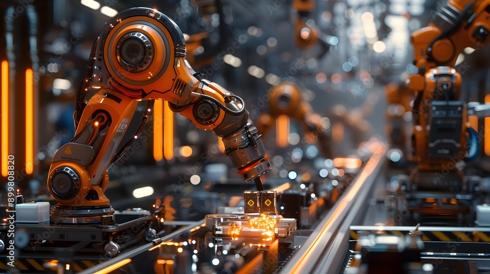 Robotic Factory with Automated Electronic Assembly Line and Glowing Efficiency Robotic Factory with Automated Electronic Assembly Line and Glowing Efficiency