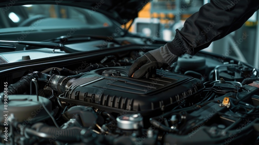 Mechanic wearing gloves repairing car engine Mechanic wearing gloves repairing car engine