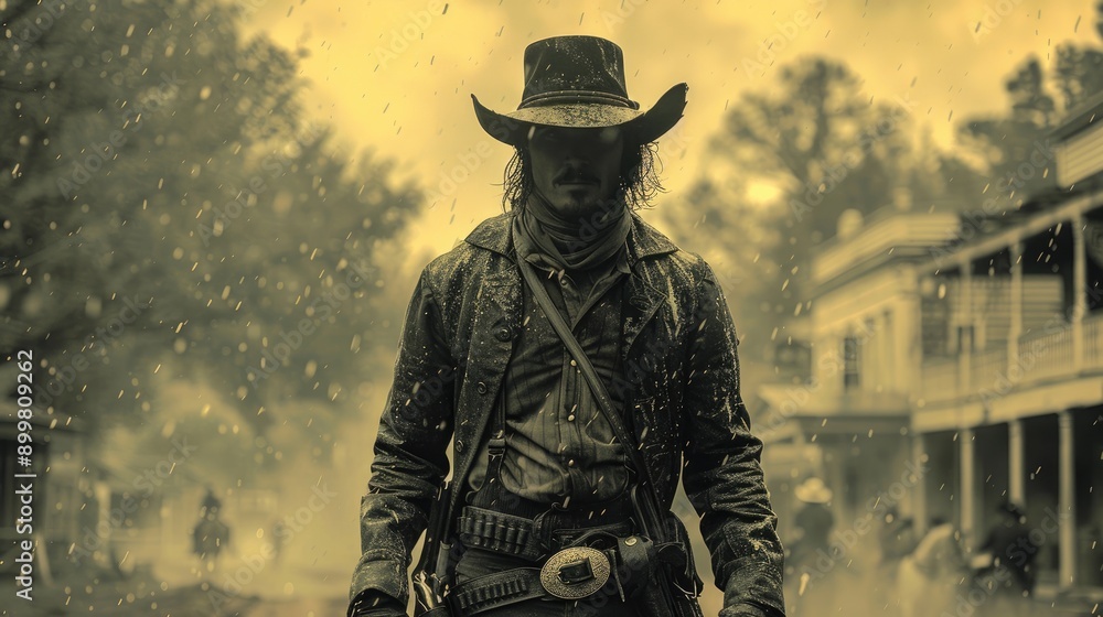Western movie shot, front view of a cowboy ready to do a duel in middle of a wild west town Western movie shot, front view of a cowboy ready to do a duel in middle of a wild west town