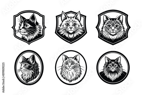 Logo sets of Persian cats, labeled linocut vector illustration.