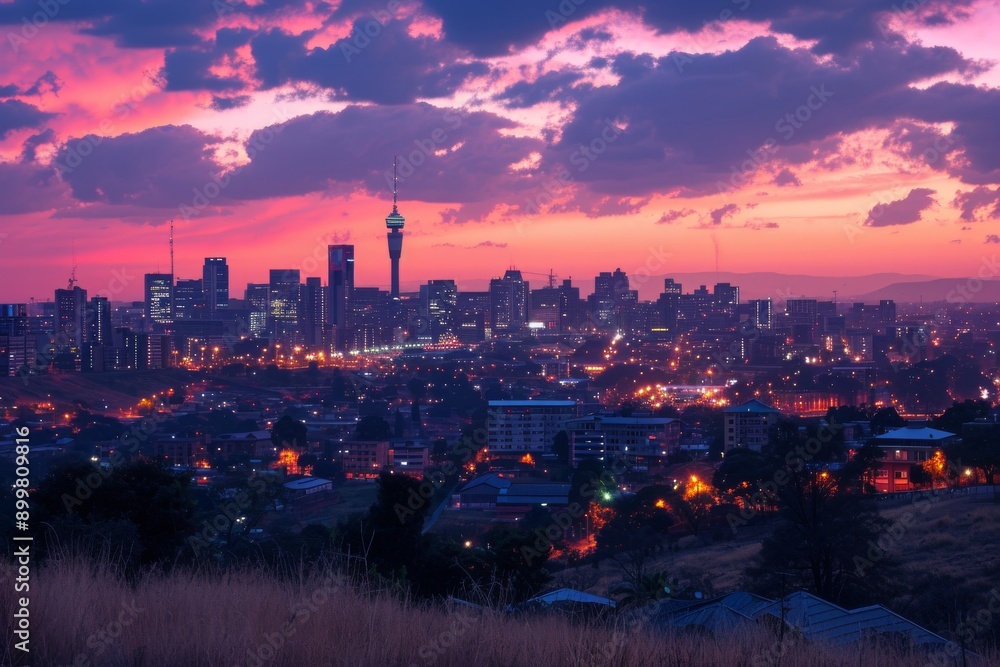 Fototapeta premium This photo captures a nighttime view of a city from a hill, showcasing the city lights and urban skyline, Johannesburg's skyline in the shadow of sunset, AI Generated