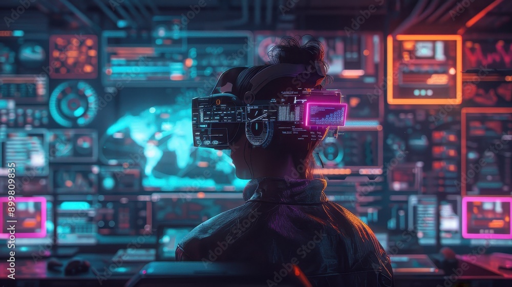 controlling holographic interfaces in a futuristic office, surrounded by advanced technology, neon lights, and floating data screens, vibrant colors. controlling holographic interfaces in a futuristic office, surrounded by advanced technology, neon lights, and floating data screens, vibrant colors.
