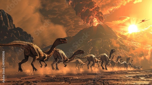 Fototapeta Naklejka Na Ścianę i Meble -  illustration of dinosaurs with an erupting volcano